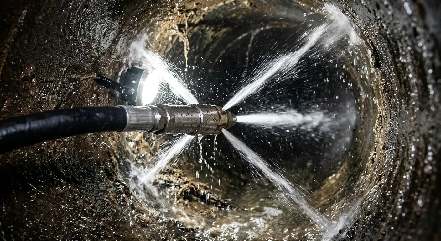 High-pressure hydro jetting nozzle cleaning sewer pipe for Emergency Drain Service in Mountain Park