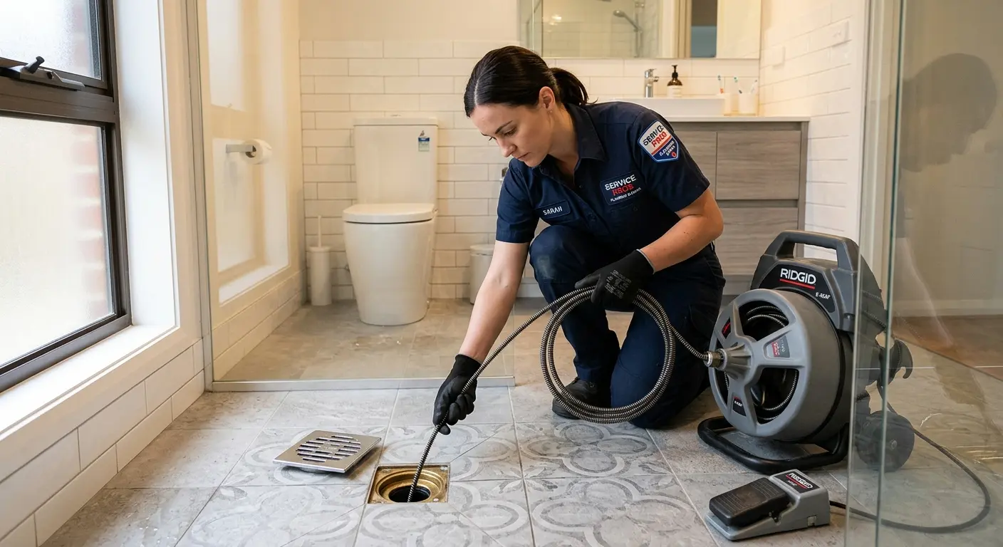 Technician clearing a bathroom floor drain for Drain Repair in Mountain Park